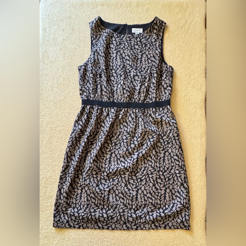 LOFT Black and Cream Leaf Print Midi Dress